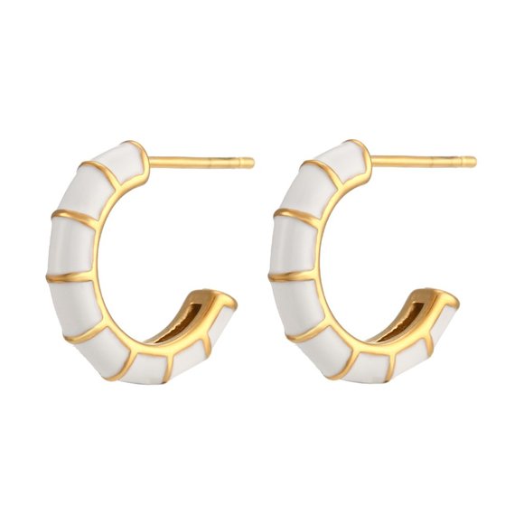 White Enamel Bamboo C Shape Huggie Hoop Earrings‎ 18K Gold Plating Stainl… - Picture 1 of 5